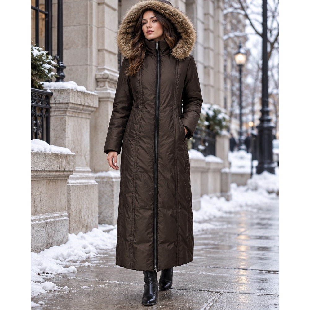 Anne Klein Goose Down Full Length Hooded Parka Coat Brown Size Large